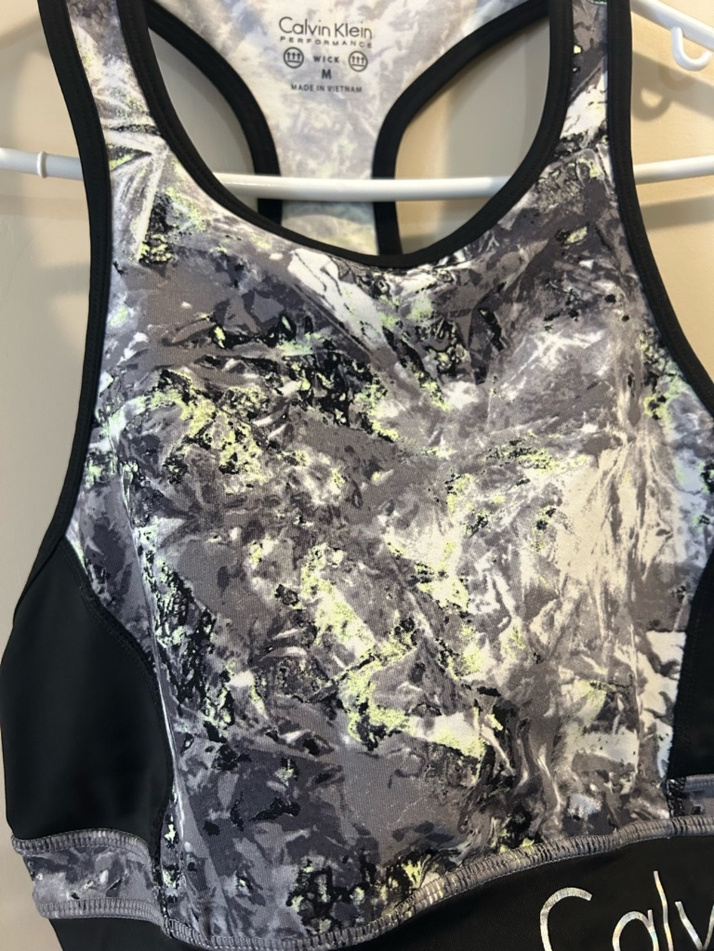 Calvin Klein Gray Marble-Print Sports Bra with Neon Yellow Accents